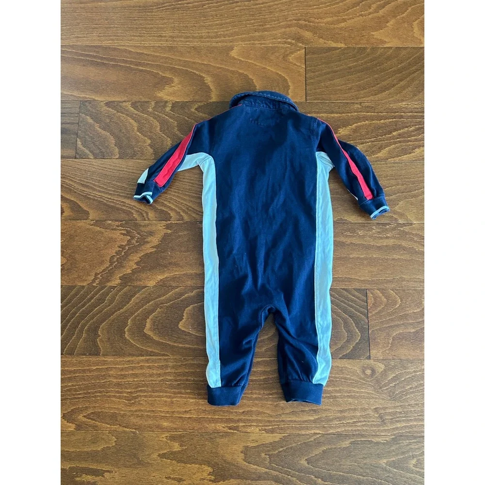 Ralph Lauren Baby Boy Navy Blue Polo Romper One Piece 9M 67 Patch Striped